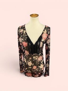 #158, Ralph Lauren Denim and Supply Sheer Black Floral Lace V-Neck Top,size L